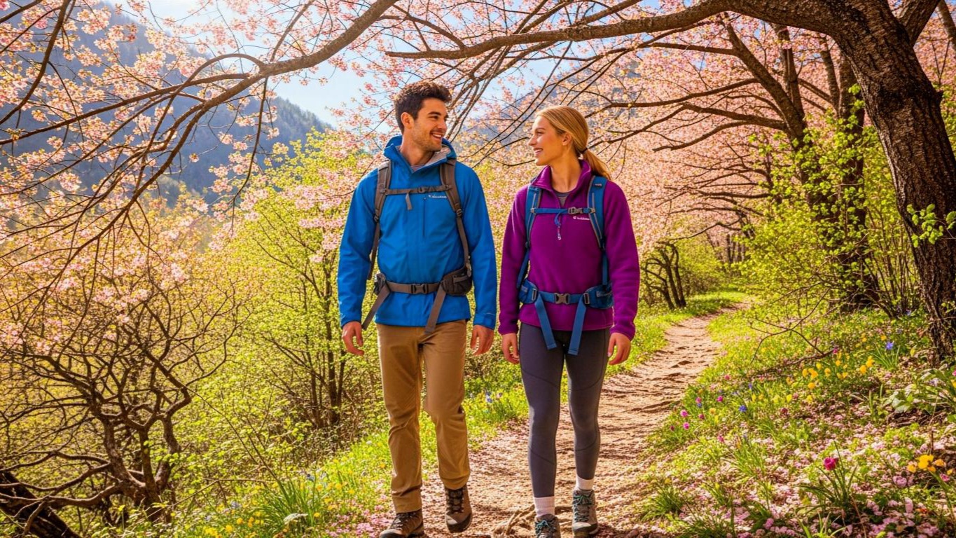 Pareja de excursionistas sonriendo